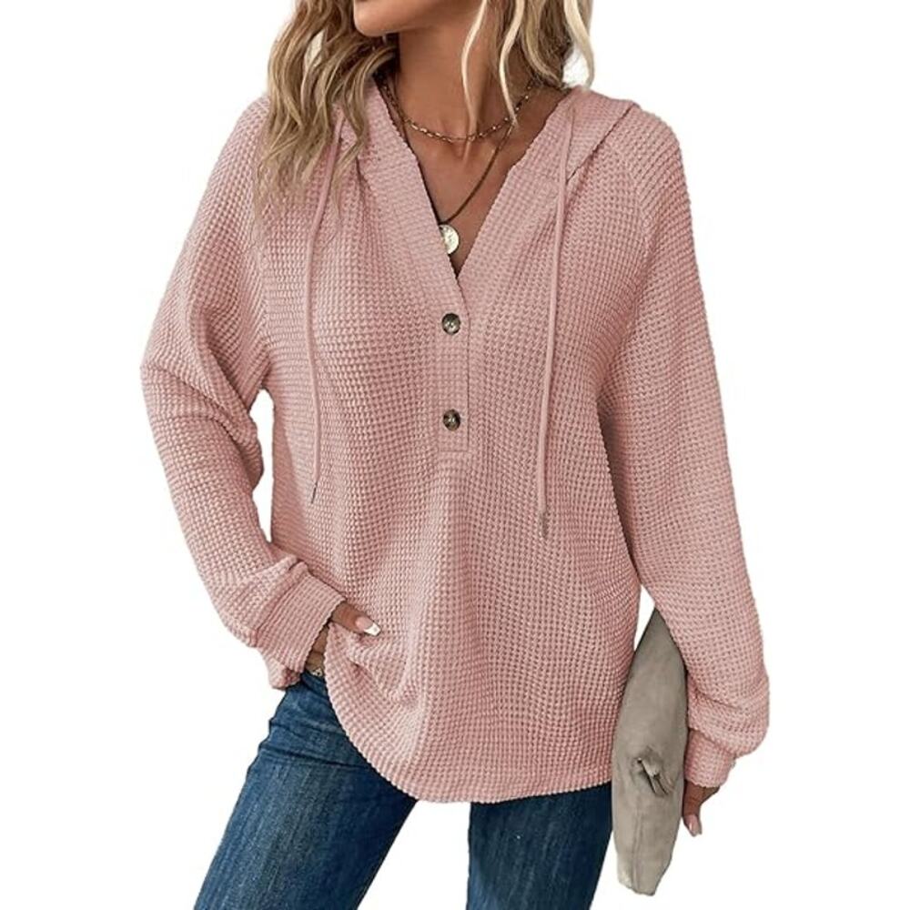 NWT Dokotoo Women's Waffle Knit Drawstring Button V Neck LS Sweaters Pink-SZ L